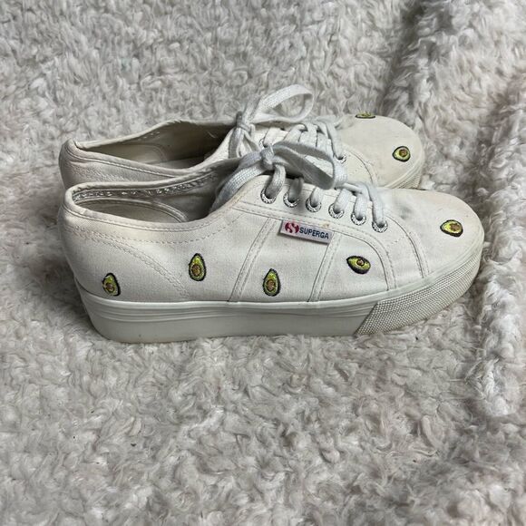 Superga White Canvas Platform Embroidered Avocado Sneakers EURO SZ41 - Picture 2 of 10
